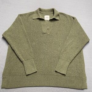 Aerie Sweater Pullover Womens XS Green Waffle-Knit Collared Oversized Stretch‎
